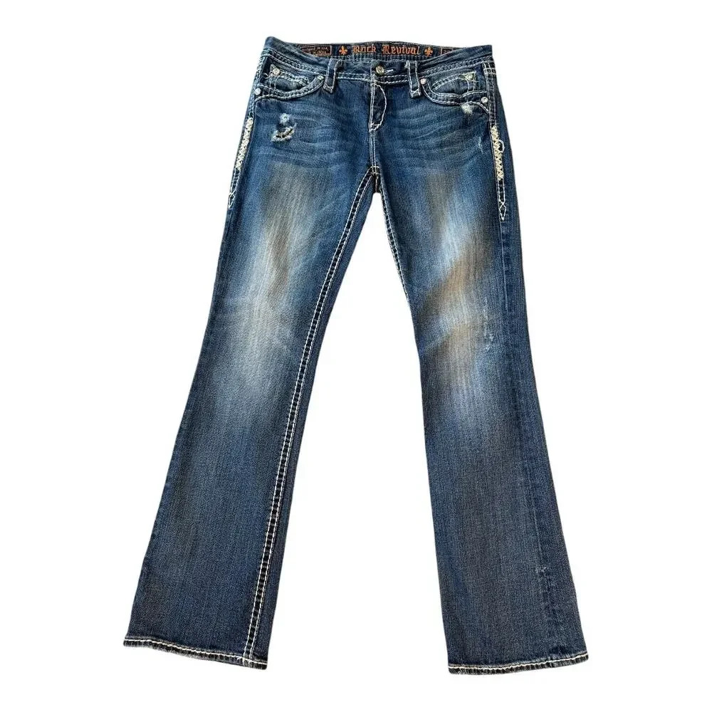 Rock Revival Women's Irene Easy Bootcut Jeans Size 6 (28)Blue Distressed Stretch